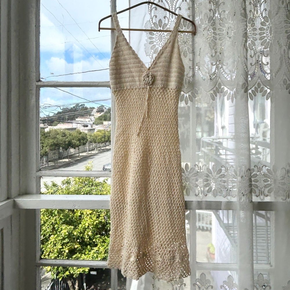 Beautiful Y2K Vintage Crochet Knit Boho Dress XS 0 2 Women's Ivory Cream Ecru